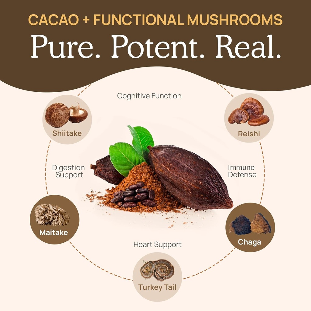 Real Mushrooms Unsweetened Hot Chocolate Mix with 5 Defenders – Reishi, Chaga, Turkey Tail, Maitake, Shiitake – Coco Powdered Unsweetened – Organic Cacao Powder Supplement, Vegan, 15 Servings 6