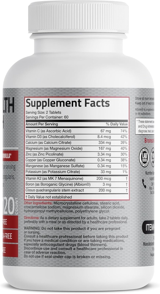 Bronson Bone Health & Strength Complex* High Potency Formula 200 MCG of Vitamin K2 as MK7, Plus Calcium, Boron, Cissus Quadrangularis, Magnesium, Vitamin D3, and More - Non-GMO, 120 Tablets 3
