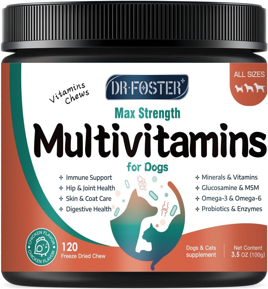 Dog Multivitamin with Glucosamine, Omega 3, Minerals, Probiotics and Enzymes, Dog Vitamins and Supplements for Joint, Skin & Coat Care, Digestive and Immune Health, Chicken Flavor - 120 Chews 2