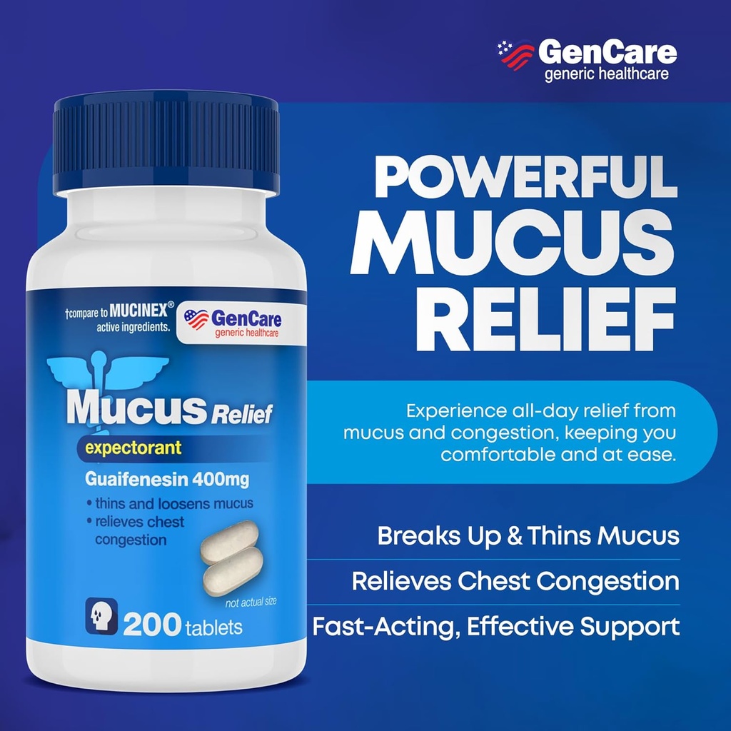 GenCare Mucus Relief Expectorant Guaifenesin 400 mg 200 Tablets Value Pack - Fast Acting Thinning of Mucus for Colds, Chest Congestion, Flu, Coughing and Allergies 3