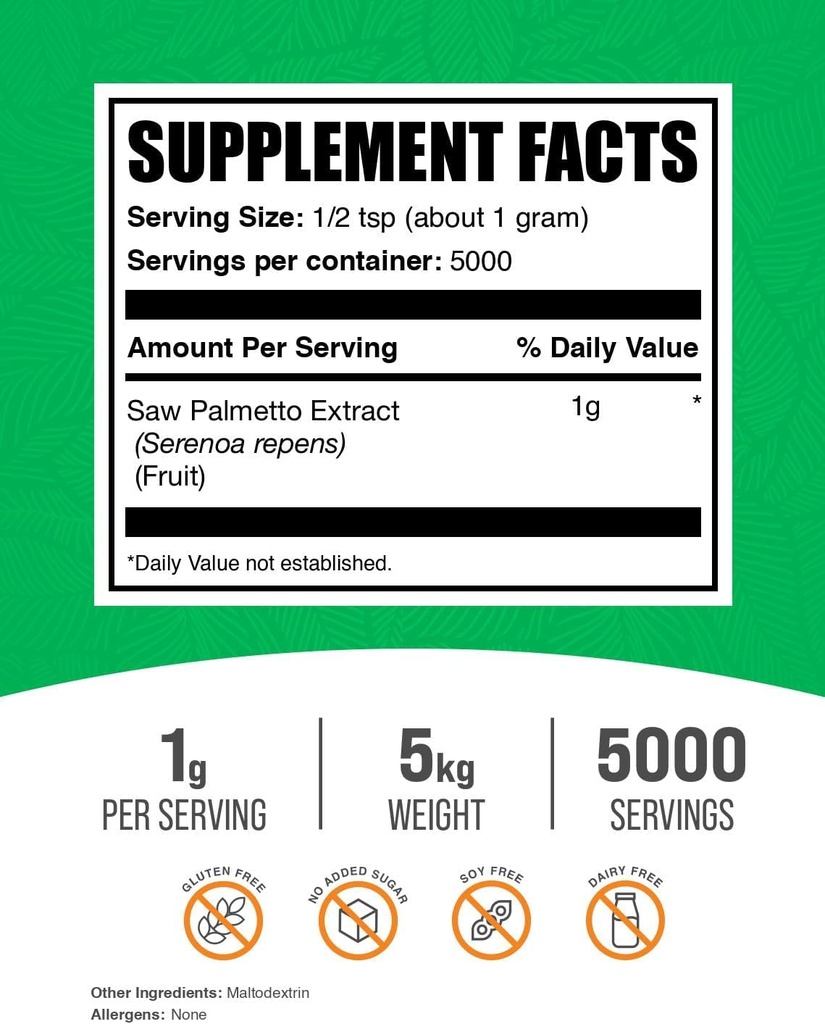 BulkSupplements.com Saw Palmetto Extract Powder - Serenoa Repens, Saw Palmetto Supplement, Herbal Supplement - Vegan & Gluten Free, 1g per Serving, 5kg (11 lbs) (Pack of 5) 3