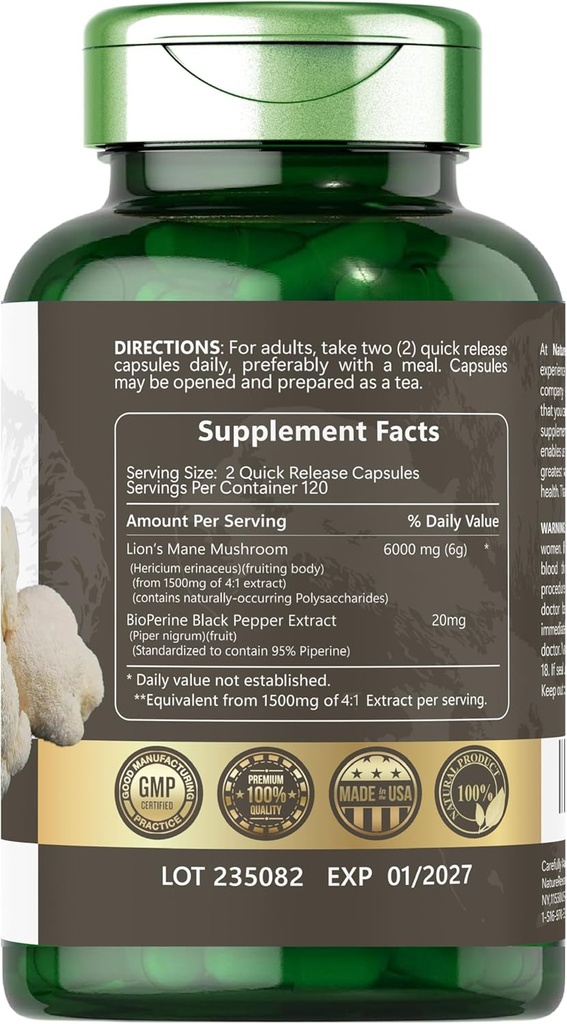 Lion's Mane 6000MG, Promotes Mental Clarity, Focus and Memory, Mushroom Supplement, Unflavored, 240 Capsules 3