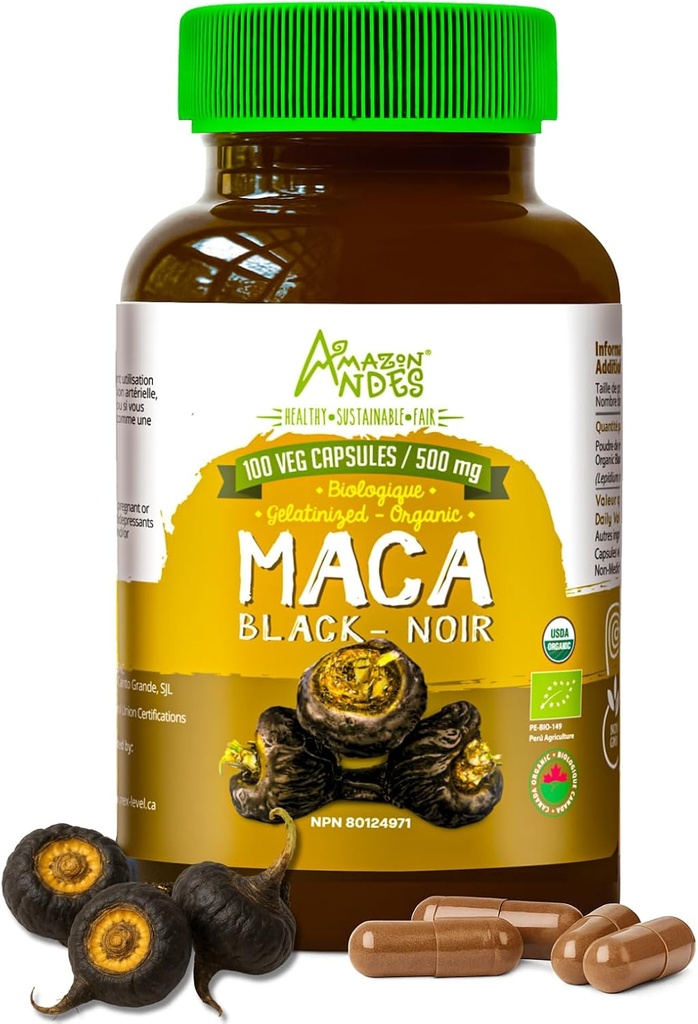 Black Maca Root Capsules l Organic Vegan Pills l 1500mg per Serving l Reproductive Health for Men l Natural Energy Booster l Adaptogen Function l Non GMO and Gluten Free l   Andes 2