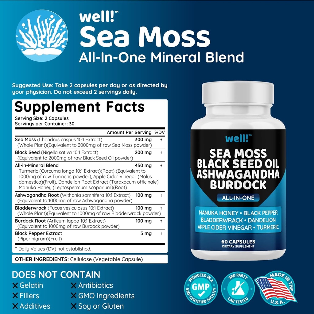 Sea Moss 3000, Black Seed Oil 2000, Ashwagandha 1000, Bladderwrack, Maca Turmeric - Manuka Honey, Dandelion & Black Pepper, Super Antioxidants Supplement,180 2