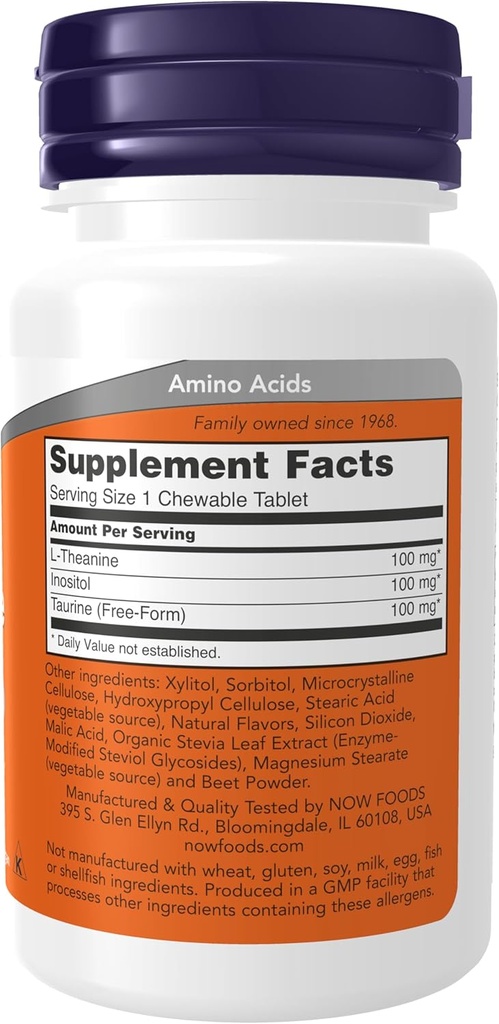 NOW Supplements, L-Theanine 100 mg with Inositol and Taurine, Tension Management*, 90 Chewables 3