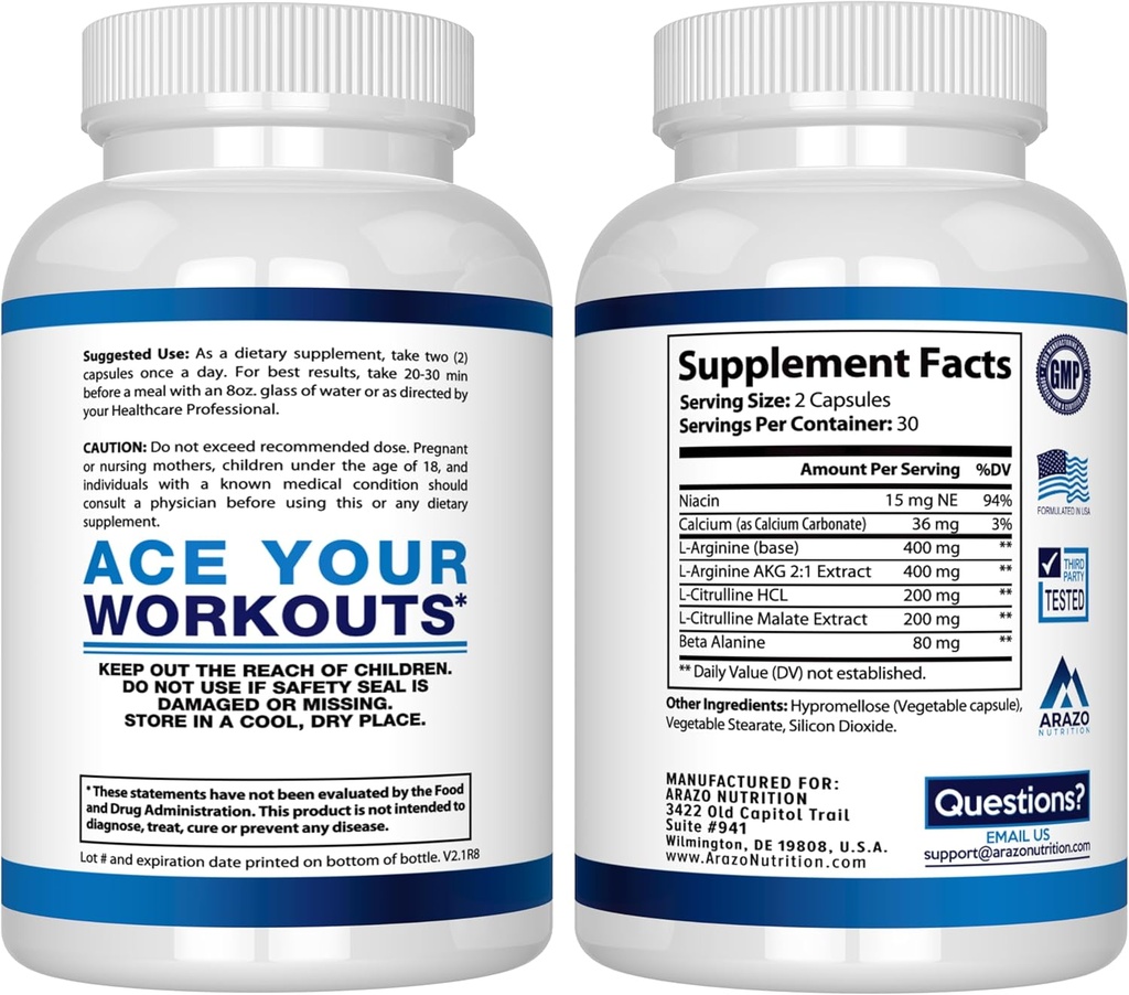 Arazo Nutrition Premium L Arginine - 1340mg Nitric Oxide Booster with L-Citrulline & Essential Amino Acids for Muscle Gain and Energy - Powerful NO Booster to Train Longer & Harder – 60 Capsules 4