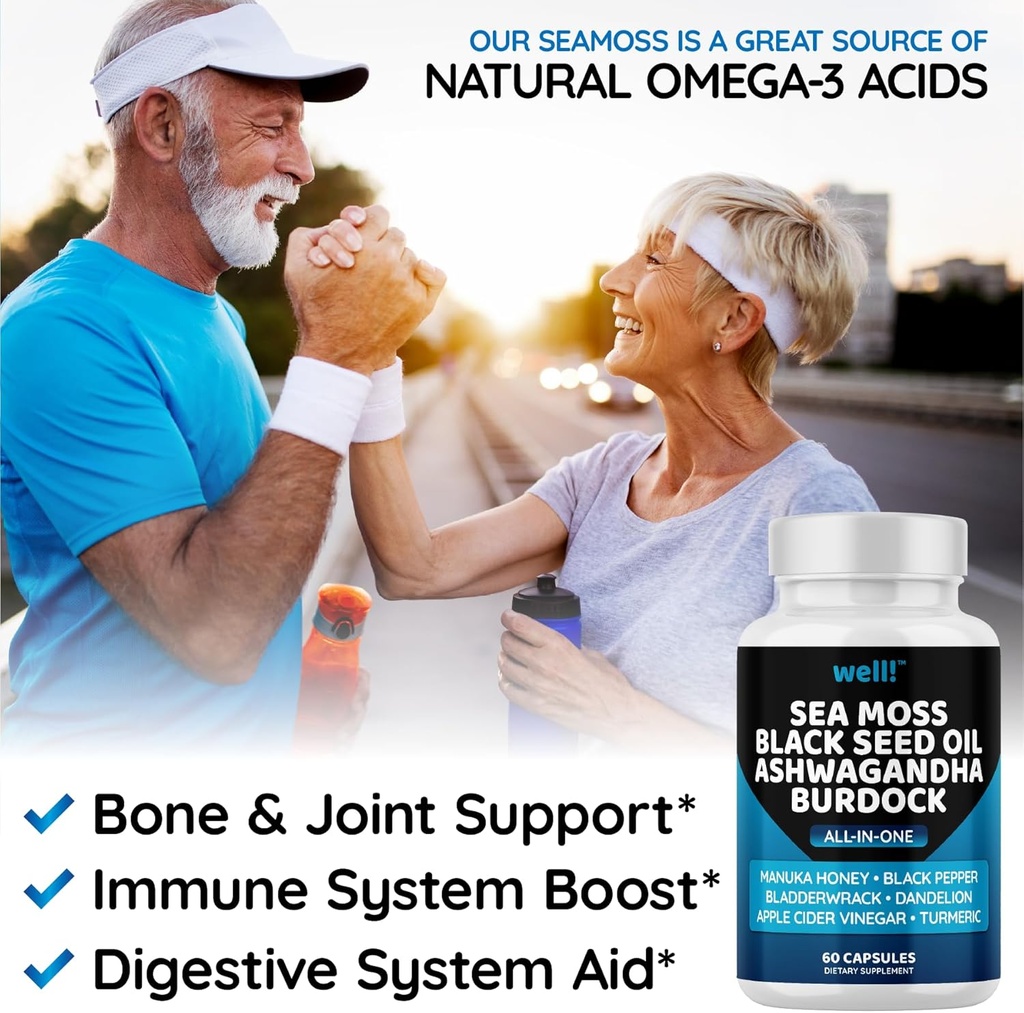 Sea Moss 3000, Black Seed Oil 2000, Ashwagandha 1000, Bladderwrack, Maca Turmeric - Manuka Honey, Dandelion & Black Pepper, Super Antioxidants Supplement,180 5