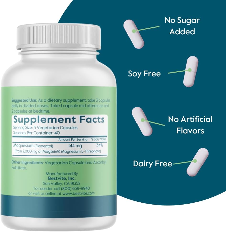 BESTVITE Magtein Magnesium L-Threonate Capsules - 2000mg per Serving (120 Vegetarian Capsules) - Patented and Bioavailable Magnesium - No Stearates - No Fillers - Vegan - Non GMO - Gluten Free 4