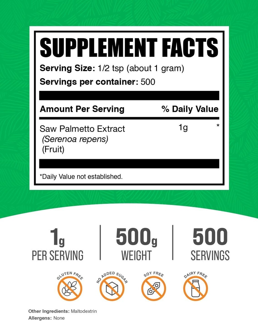 BulkSupplements.com Saw Palmetto Extract Powder - Serenoa Repens, Saw Palmetto Supplement, Herbal Supplement - Vegan & Gluten Free, 1g per Serving, 500g (1.1 lbs) (Pack of 1) 3
