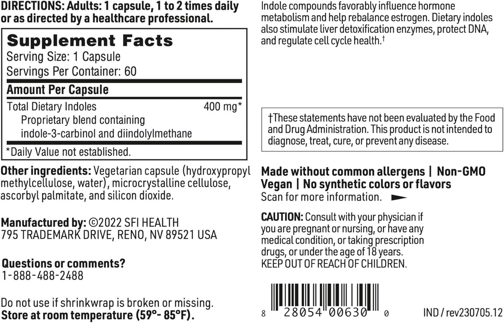 Klaire Labs SFI Health Indole Forté - Estrogen Supplement for Women & Men with Diindolylmethane & Indole-3-Carbinol - Indole & DIM Supplement to Promote Healthy Estrogen Metabolism (60 Capsules) 6