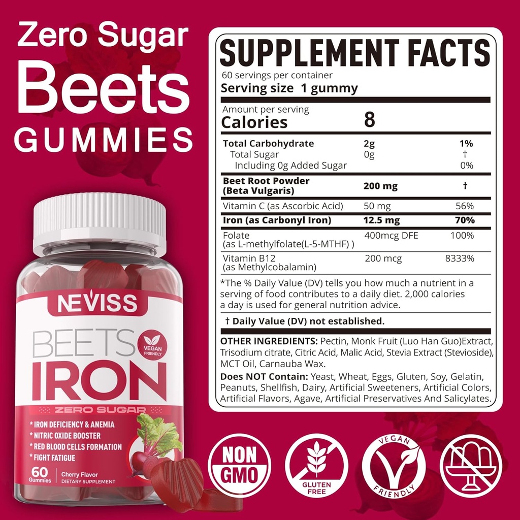 Beet Root Gummies with Iron, Methyl B12, Folate, Vitamin C - Increase Nitric Oxide & Iron Levels, Energy Support, Fight Fatigue, Beetroot & Gentle Iron Supplement, Sugar Free, 60 Counts 3