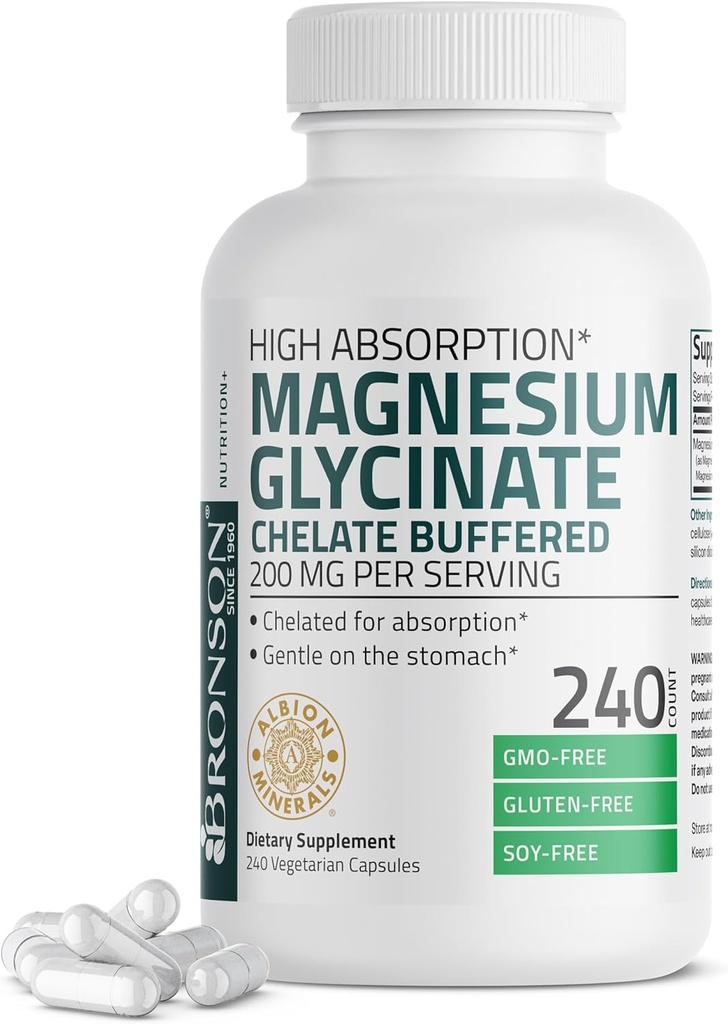 Bronson Magnesium Glycinate 200 MG per Serving Chelated for High Absorption, Gentle On Stomach, Non-GMO, 240 Vegetarian Capsules 2