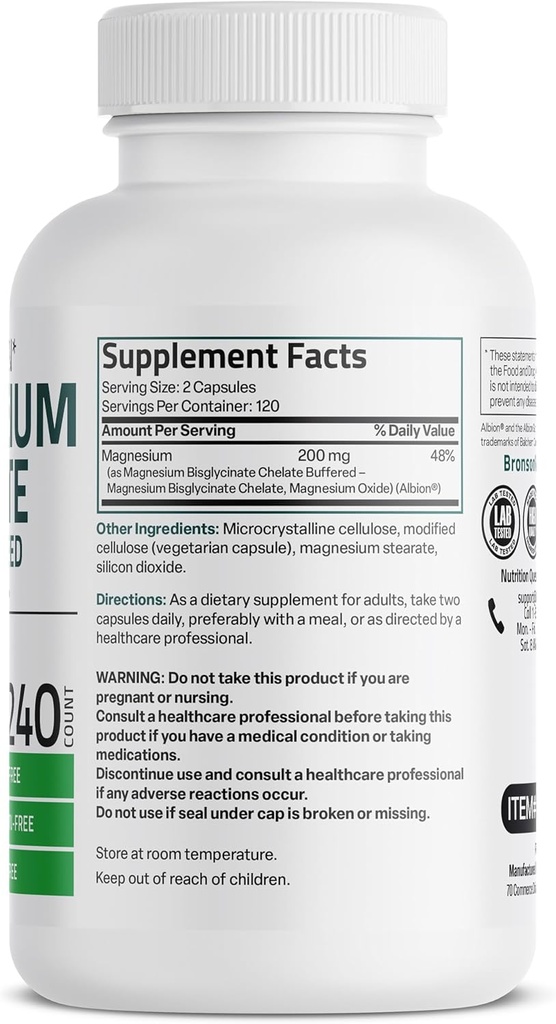 Bronson Magnesium Glycinate 200 MG per Serving Chelated for High Absorption, Gentle On Stomach, Non-GMO, 240 Vegetarian Capsules 3