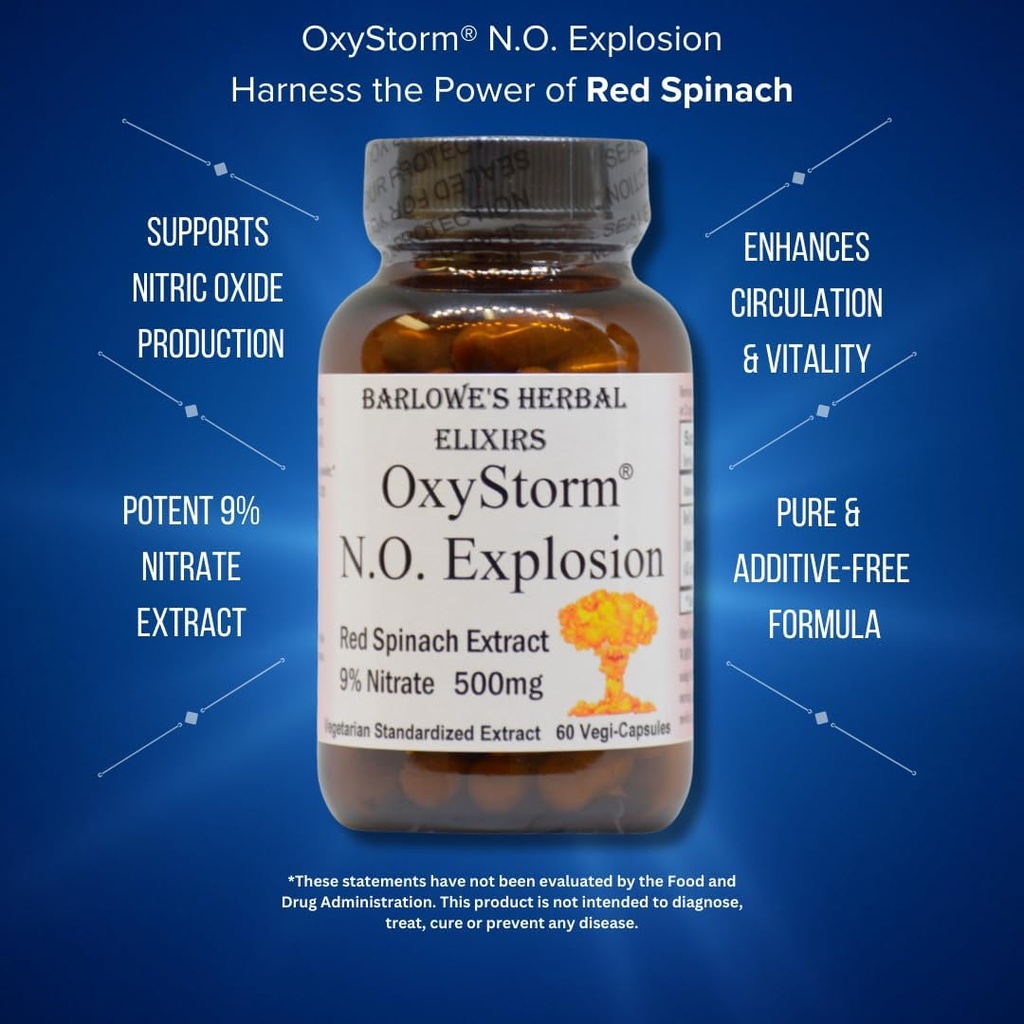 Barlowe's Herbal Elixirs OXYSTORM® N.O. Explosion | Red Spinach Extract 9% | Natural Nitric Oxide Booster | 500mg Per Capsule | 60 Vegan Capsules | No Oxalates, Stearate-Free, Glass Bottled 4