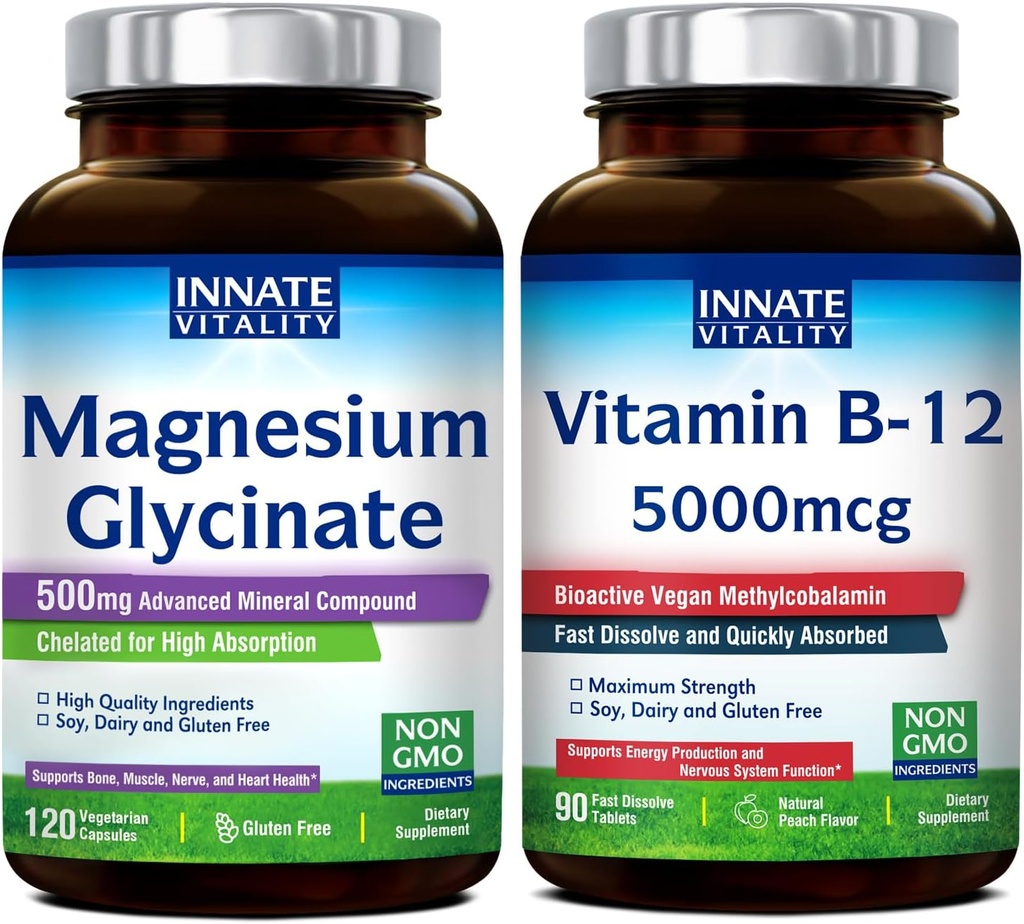Innate Vitality Magnesium Glycinate & Vitamin B12 Bundle, No Gluten & Vegan, Magnesium (120 Caps) & Vitamin B12 (90 Fast Dissolve Tabs), Value Pack, Bundle & Save 2