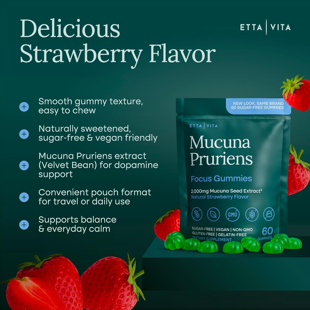 Dopamine Supplement - Sugar-Free Mucuna Pruriens Gummies (2g/serving) Energy & Focus Gummies - Potent Mucuna Pruriens Extract Supplement for Calm Mood and Motivation, Vegan, Non-GMO, Gluten-Free, 60ct 5