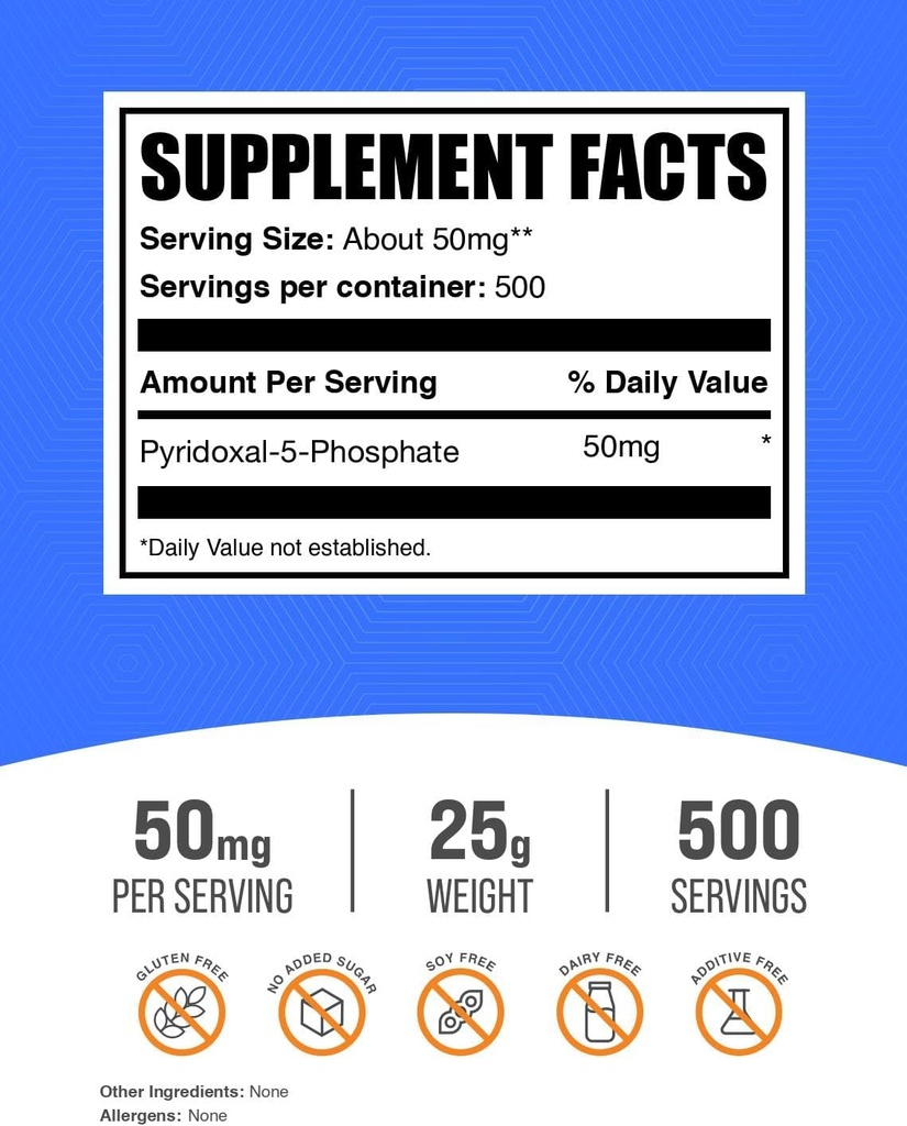 BulkSupplements.com Pyridoxal 5 Phosphate Powder - P-5-P Vitamin B6 Supplement, P-5-P 50mg - P5P Supplement, Gluten Free, 50mg of per Serving, 25g (0.88 oz) (Pack of 1) 3