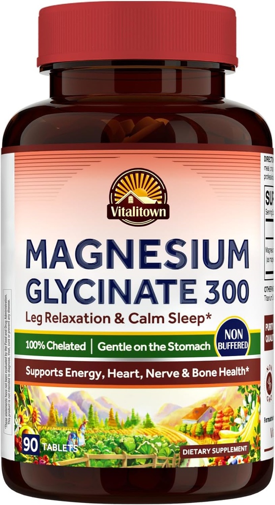 Vitalitown Magnesium Glycinate | Chelated, Non Buffered 300mg Elemental Magnesium | Most Bioavailable, Fully Reacted | Bone, Muscle, Calm, Sleep, Heart Healths | 90 Tablets, Non-GMO 2