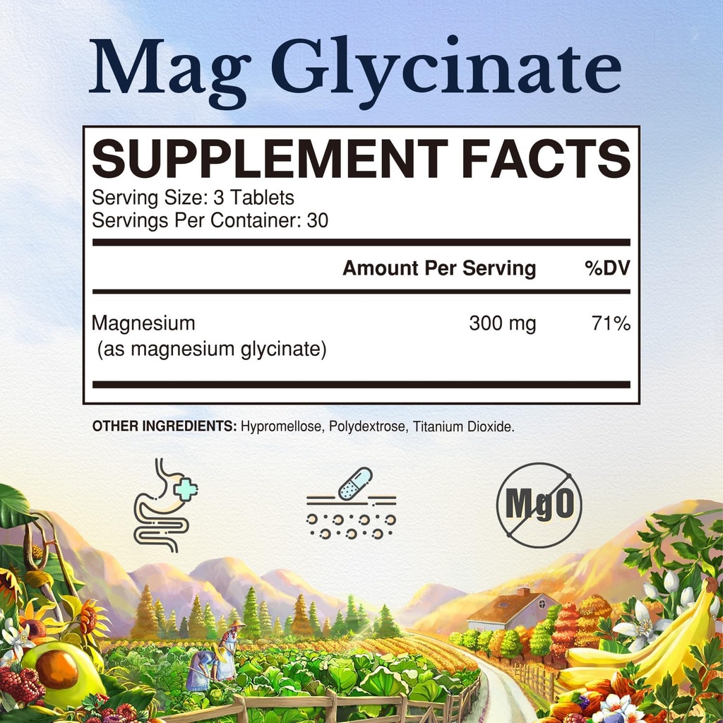 Vitalitown Magnesium Glycinate | Chelated, Non Buffered 300mg Elemental Magnesium | Most Bioavailable, Fully Reacted | Bone, Muscle, Calm, Sleep, Heart Healths | 90 Tablets, Non-GMO 3