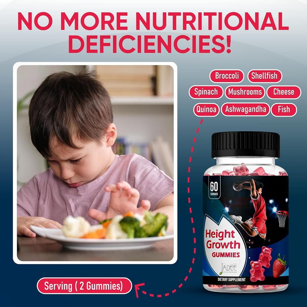 Jadee Height Growth Gummies for Teens & Kids Calcium 325mg, Teen Vitamins D3,K2,C, Magnesium, Ashwagandha, Zinc, L-Arginine - Bone Healthy Growth, Development & Strength - Height Increase & Immunity 3