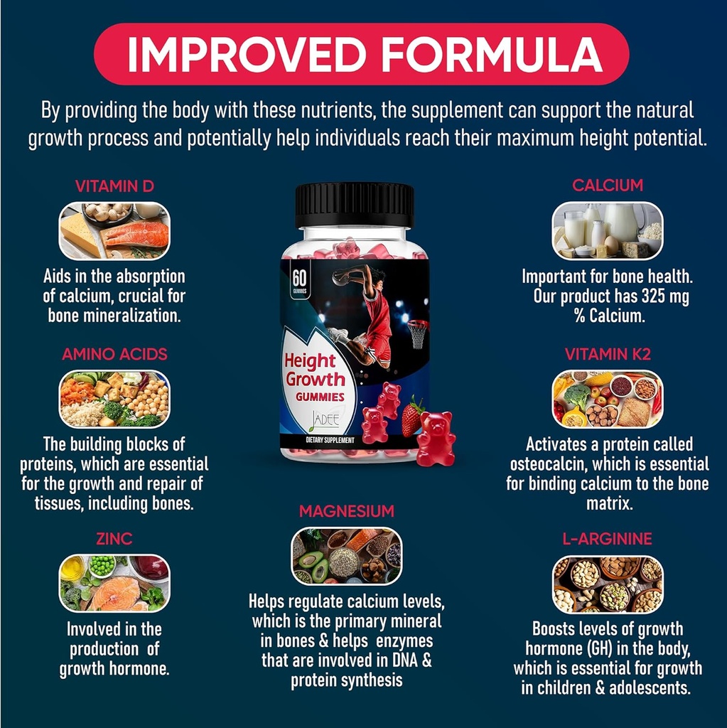 Jadee Height Growth Gummies for Teens & Kids Calcium 325mg, Teen Vitamins D3,K2,C, Magnesium, Ashwagandha, Zinc, L-Arginine - Bone Healthy Growth, Development & Strength - Height Increase & Immunity 5