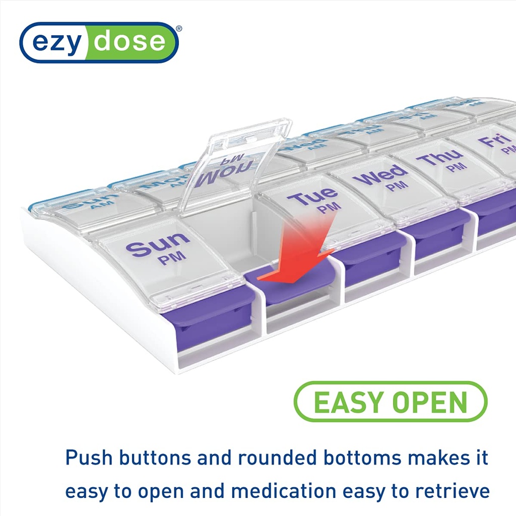 EZY DOSE Push Button (7-Day) Pill Case, Medicine Planner, Daily Vitamin Organizer, 2 Times a Day AM/PM, X-Large Compartments, Arthritis Friendly, Easy to use, Clear Lids, Purple and Blue, BPA Free 5