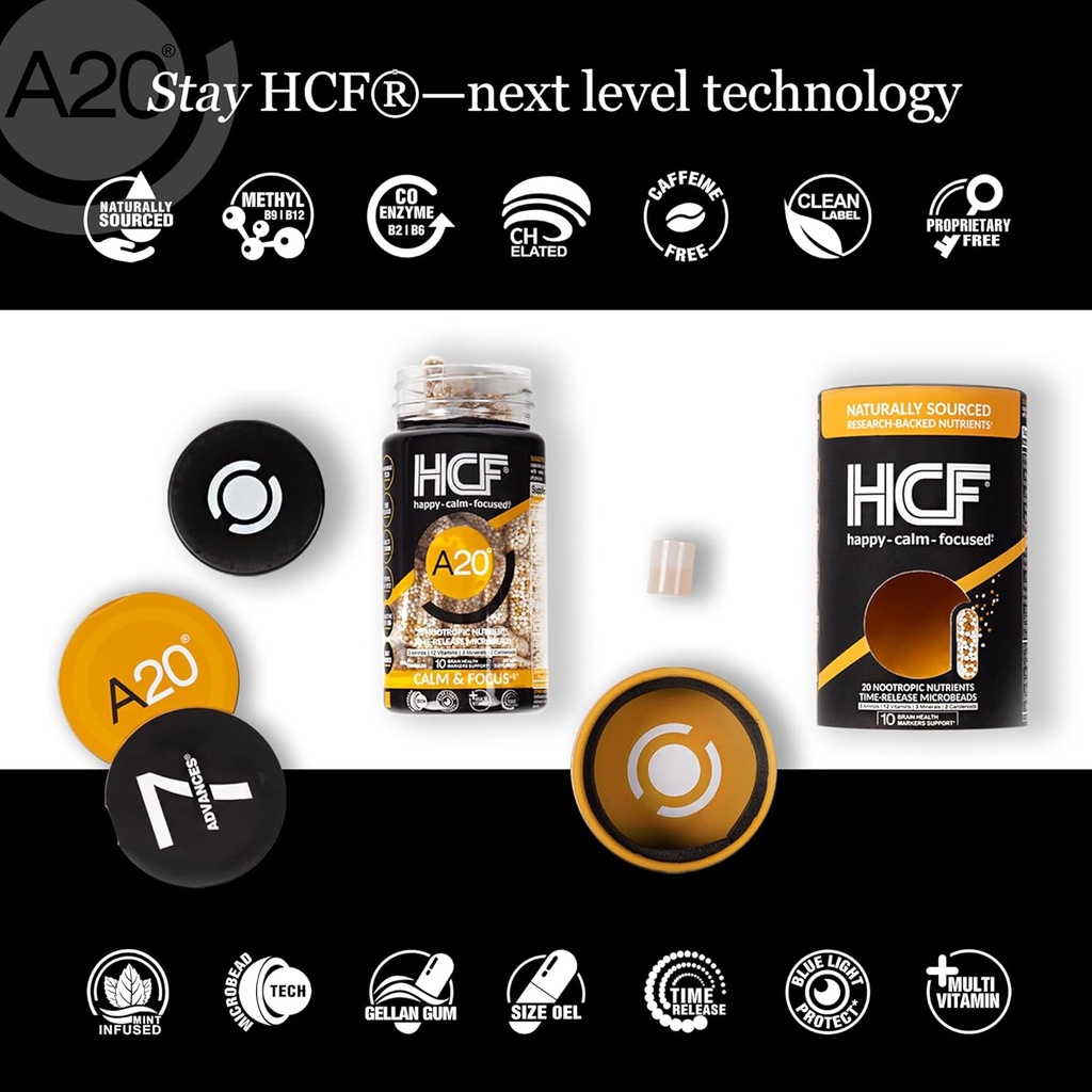 HCF A20 Microbead Brain Health Supplements for Adults for Memory, Focus, Calm, Mood, Alertness, Attention, Vision, Sleep, Immune System, 20 Premium Nootropic Nutrients Multivitamin & 7 Advances® Tech 4