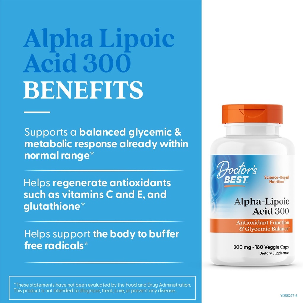 Doctor's Best Alpha-Lipoic Acid 300, Supports Antioxidant Function & Glycemic Balances, Non-GMO, Gluten Free, Vegan, Soy Free, 300 mg, 180 Veggie Caps 3