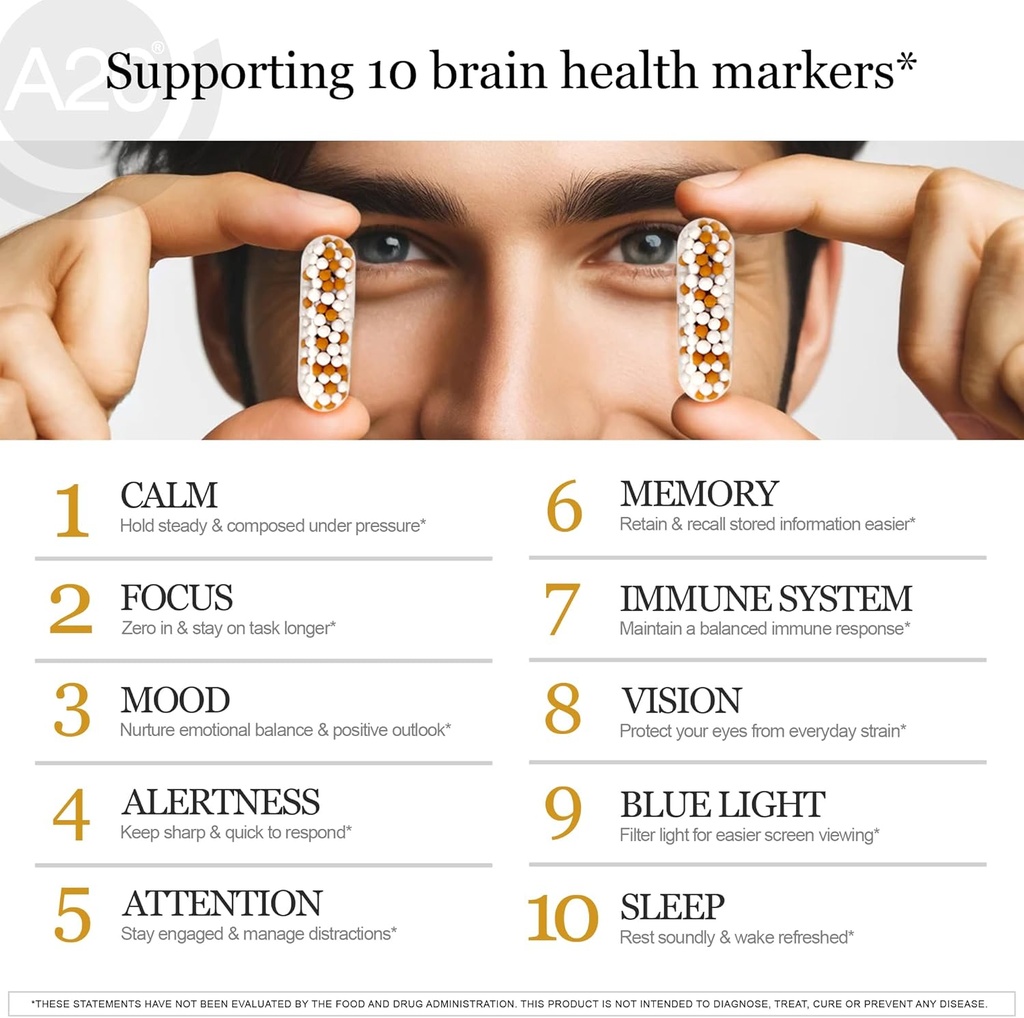 HCF A20 Microbead Brain Health Supplements for Adults for Memory, Focus, Calm, Mood, Alertness, Attention, Vision, Sleep, Immune System, 20 Premium Nootropic Nutrients Multivitamin & 7 Advances® Tech 5