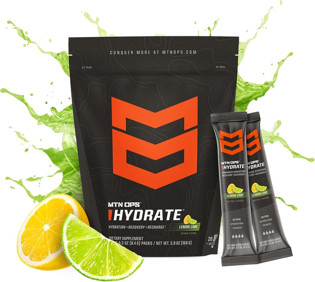 MTN OPS Hydrate Electrolytes Powder Drink Mix, 20 Single Serving On-The-Go Electrolyte Packs with Over 1000mg of Electrolytes per Serving, Lemon Lime 4