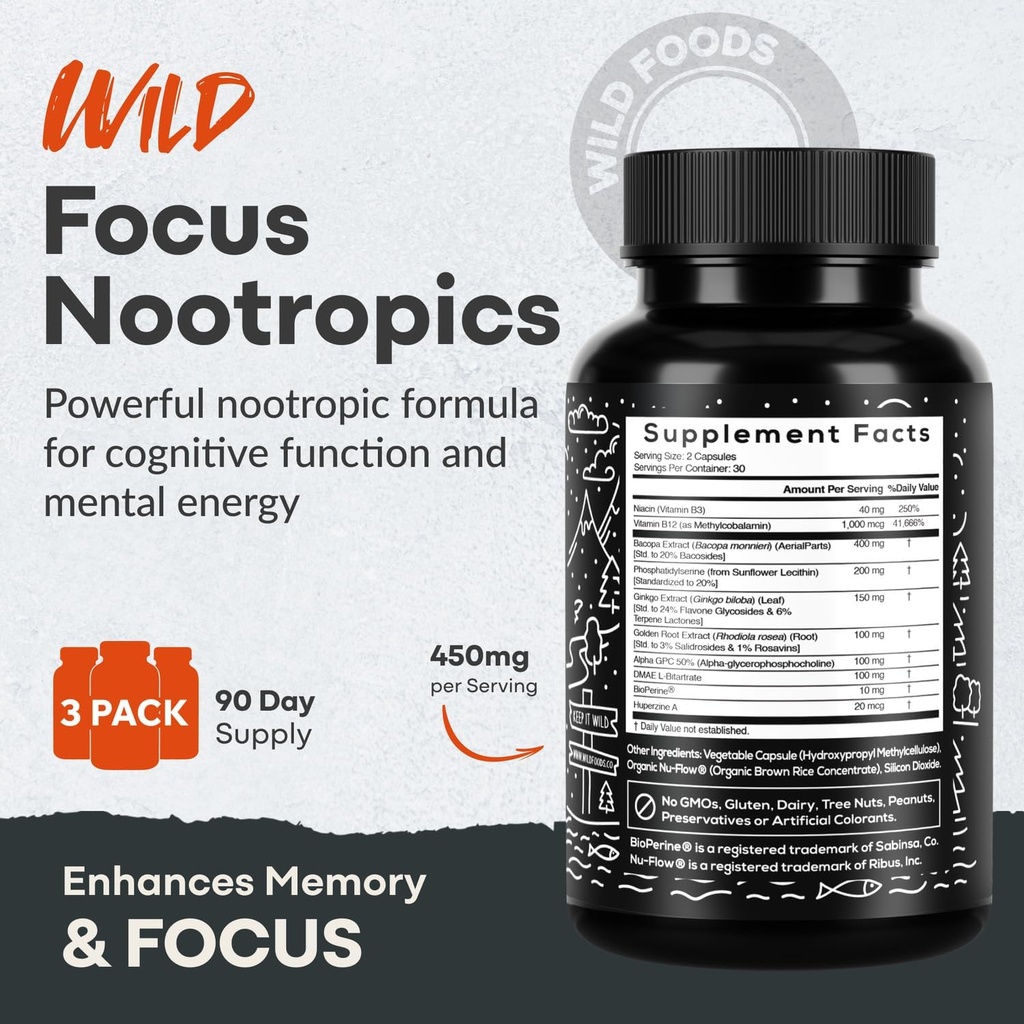 Wild Focus Brain Supplements | Caffeine-Free, Plant-Based Botanicals | Lions Mane, Ginkgo Biloba, Bacopa Monnieri, Lemon Balm | 100% Natural Nootropic | 60 caps 5