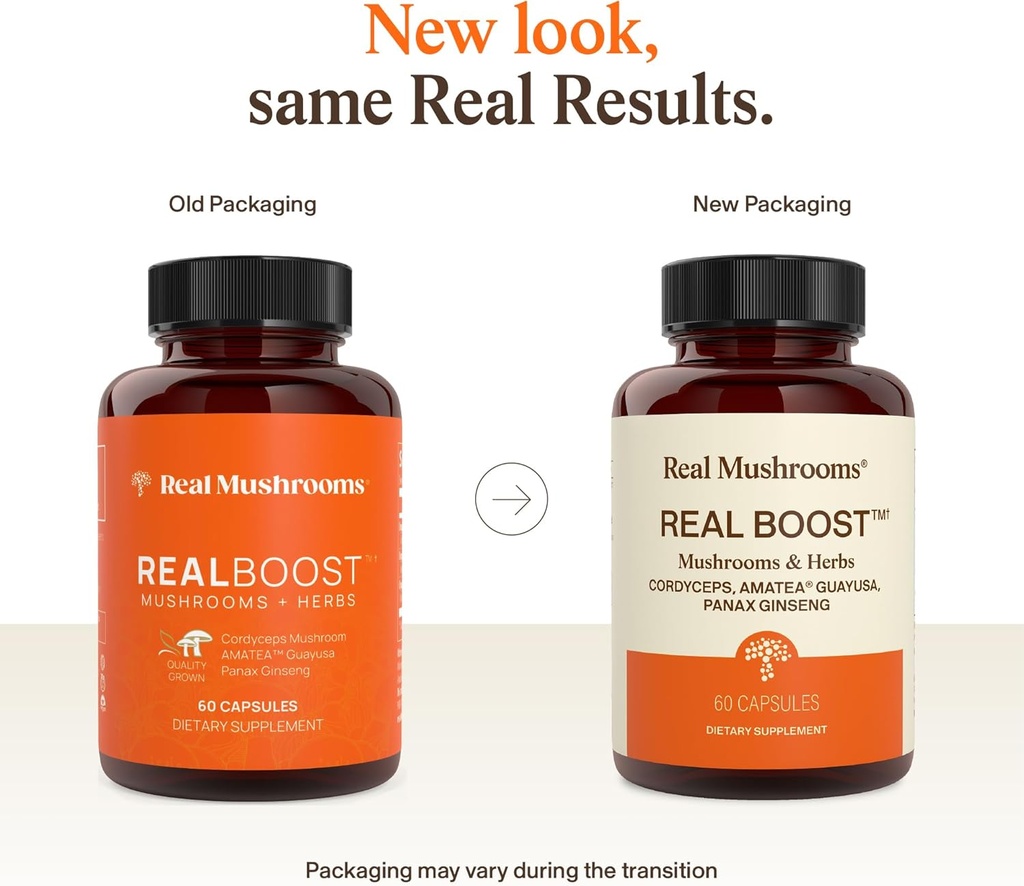 Real Mushrooms RealBoost Capsules – Cordyceps Mushroom, Panax Ginseng & Guayusa Extract – for Overall Wellness & Energy Support – Vegan, Non-GMO, No Fillers – 60 Count Mushroom Supplement Blend 3