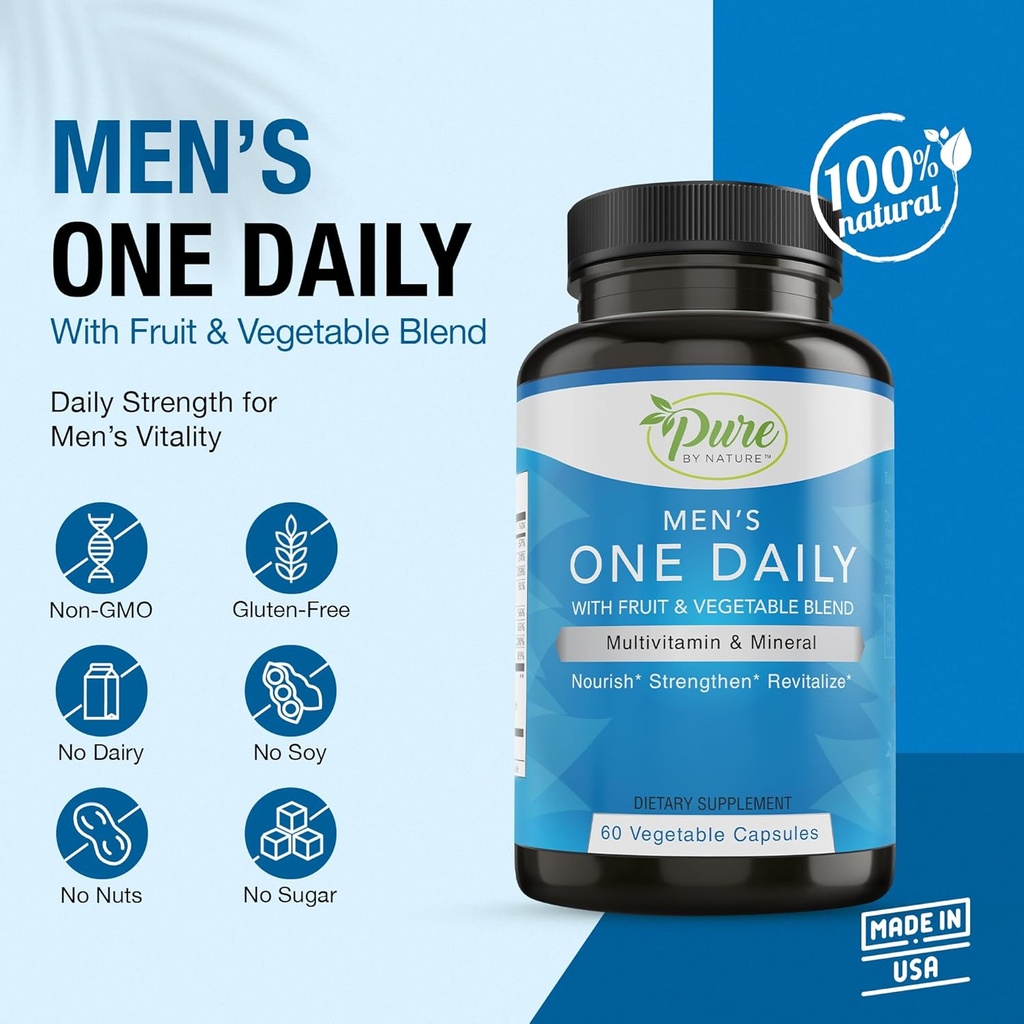 Pure By Nature One-Daily Multivitamin for Men, Immune Support Supplement with Non-GMO Ingredient, Vitamin & Minerals for Energy, 60 Veggie Capsules 3