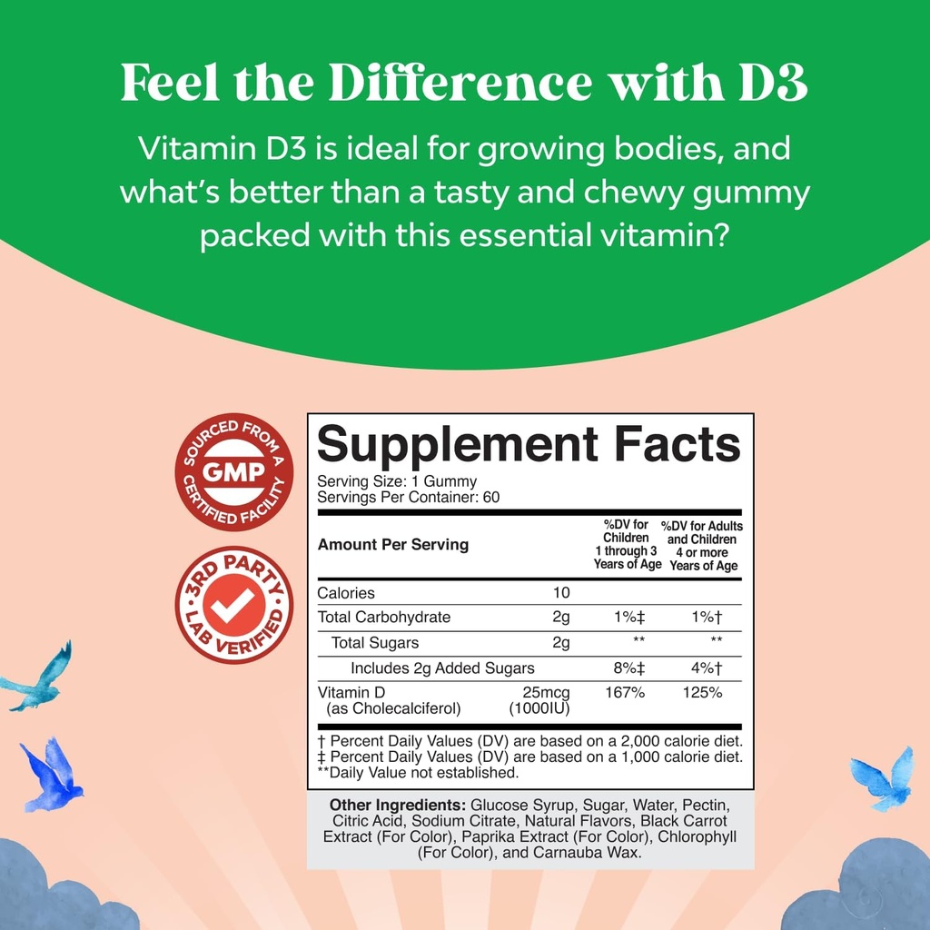 Chewable Vitamin D Gummies for Kids - Delicious Kids Vitamin D 1000 IU Per Serving Gummy Vitamins for and Toddlers Immune Support Plus Muscle Teeth and Bone Health - Gelatin Free Fruit Flavors 4