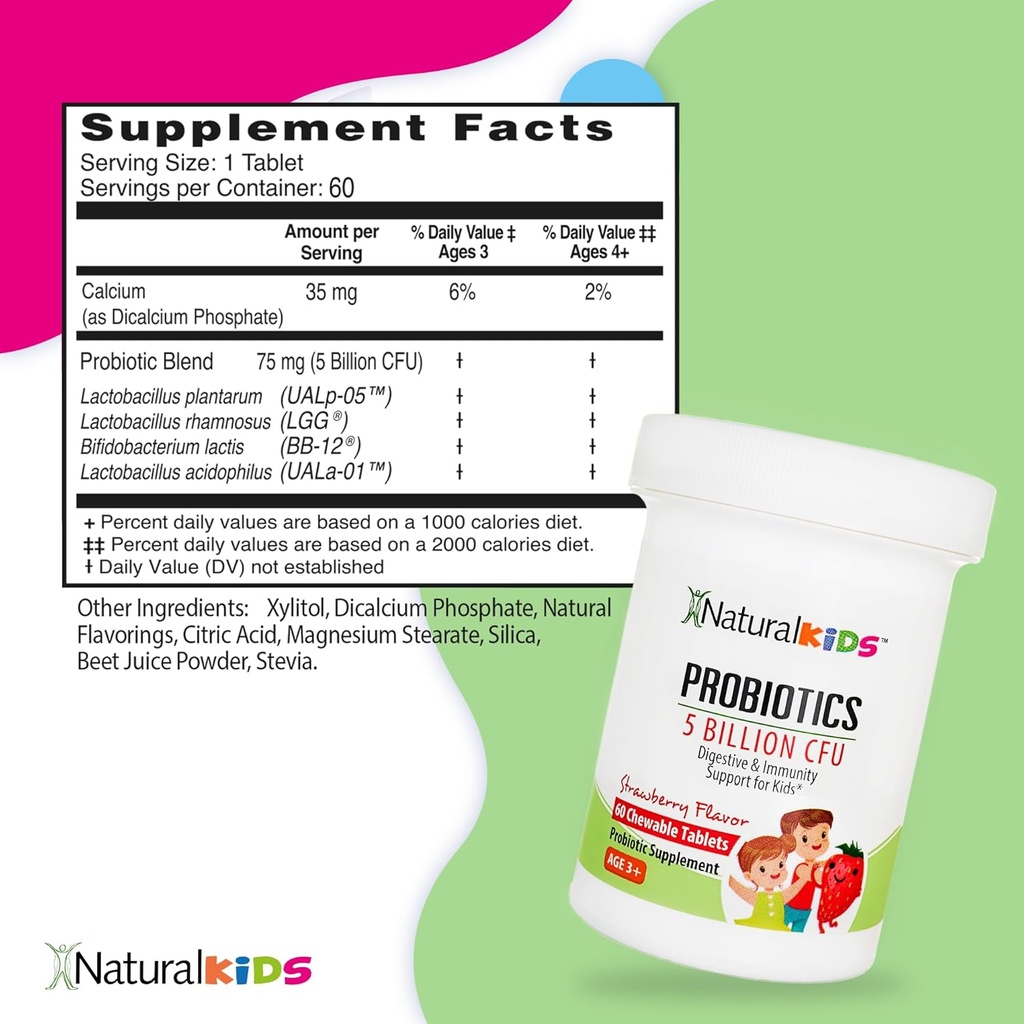 Probiotics for Kids Digestive Health, Immune Support & Kids Gut Health Supplements with 5 Billion CFU for Children Age 3 Up - Strawberry Flavor 60 Chewable Probiotic Tablets 4