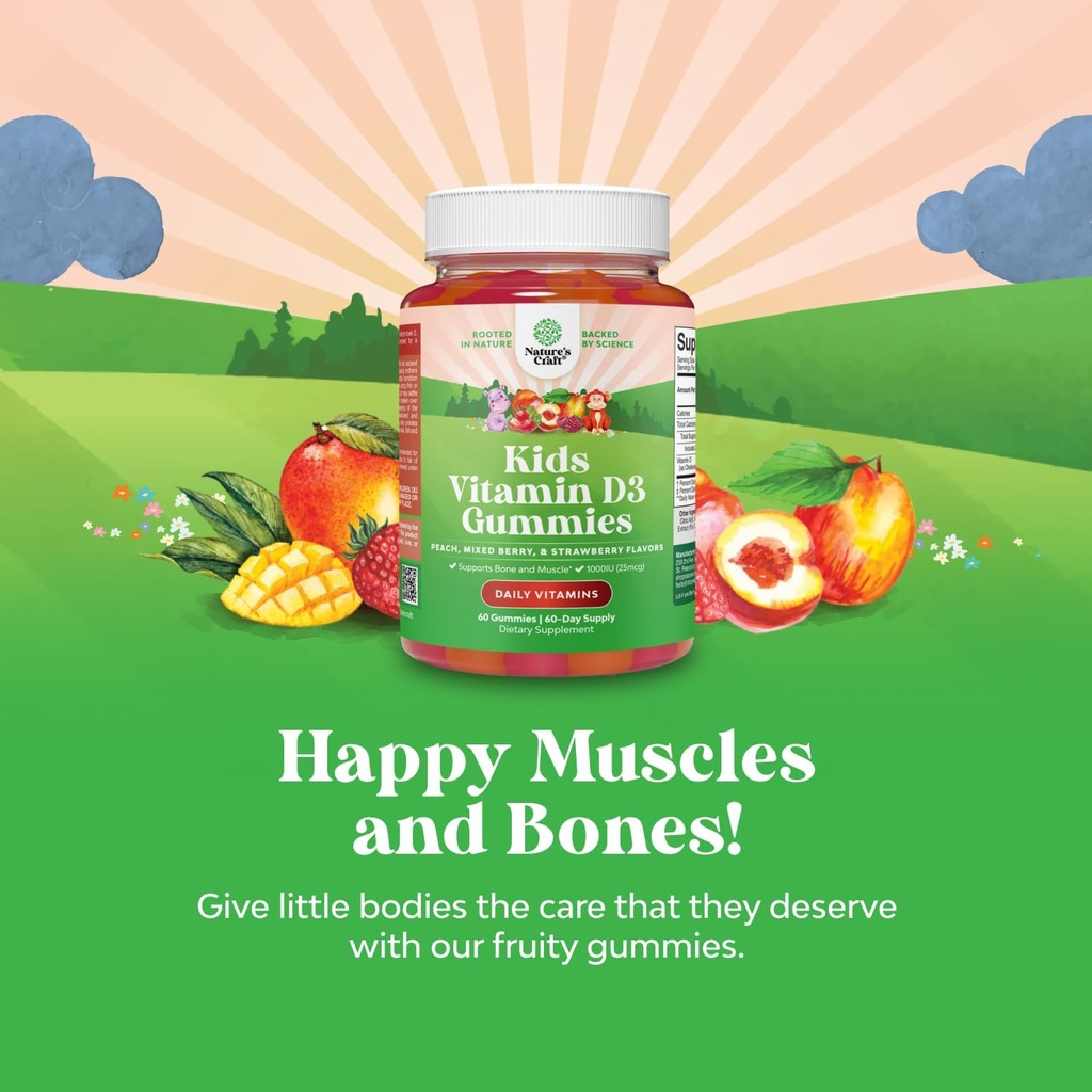 Chewable Vitamin D Gummies for Kids - Delicious Kids Vitamin D 1000 IU Per Serving Gummy Vitamins for and Toddlers Immune Support Plus Muscle Teeth and Bone Health - Gelatin Free Fruit Flavors 6