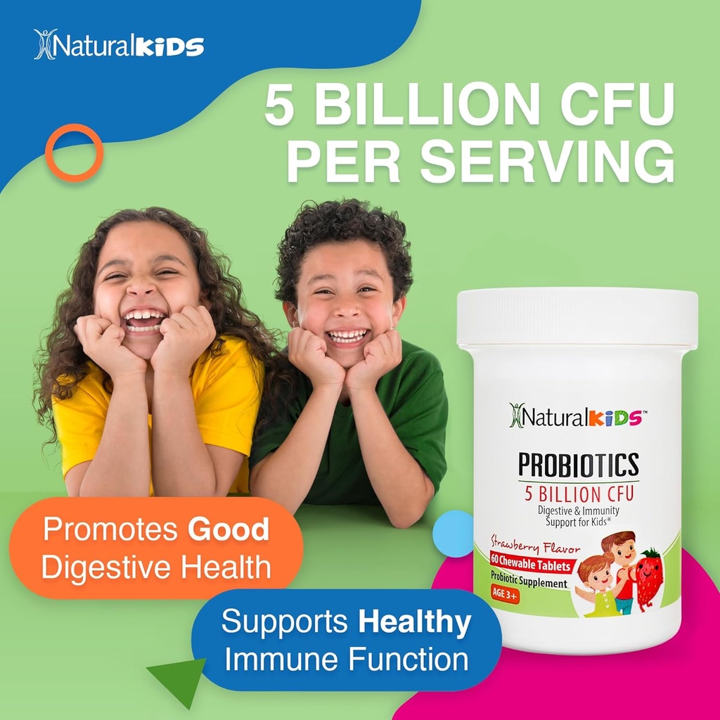 Probiotics for Kids Digestive Health, Immune Support & Kids Gut Health Supplements with 5 Billion CFU for Children Age 3 Up - Strawberry Flavor 60 Chewable Probiotic Tablets 5