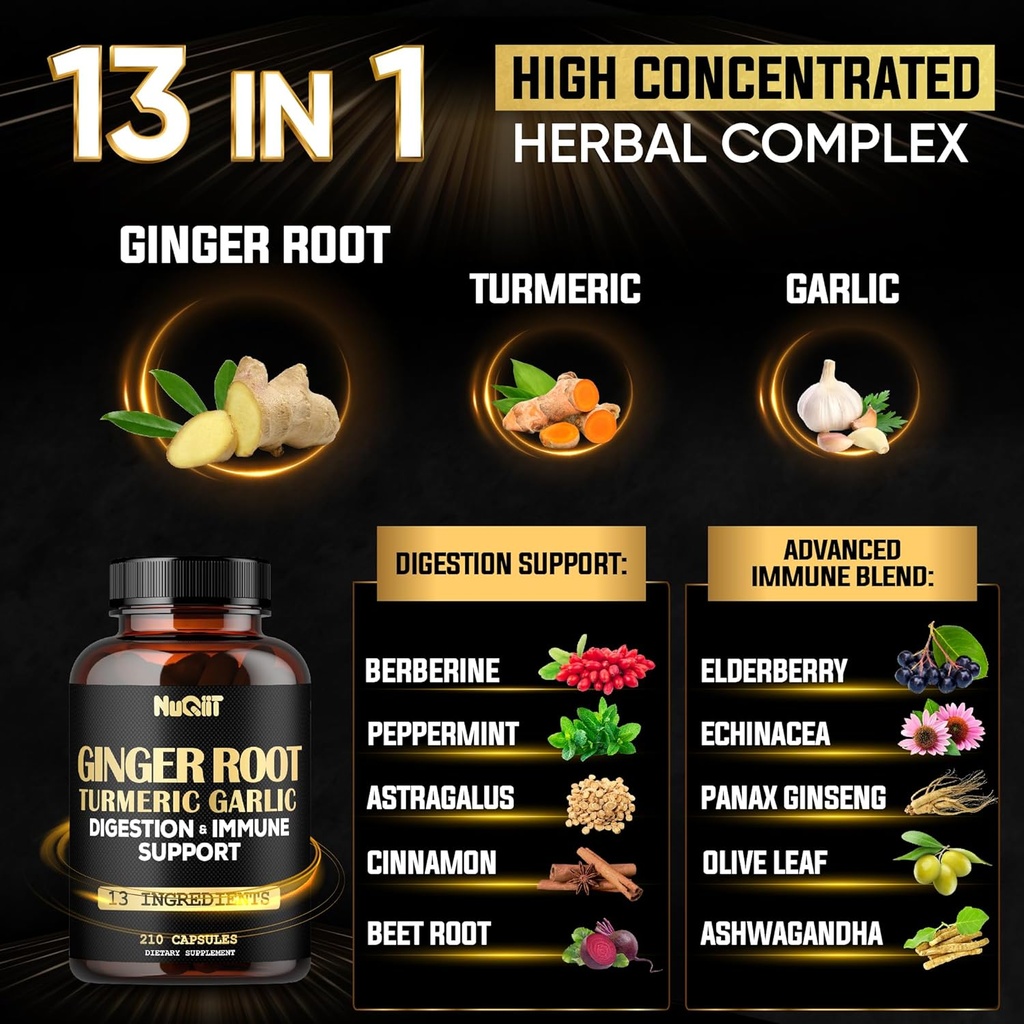 Ginger Supplements Capsules with Turmeric Curcumin, Garlic Bulb, Berberine HCl, Echinacea - 210 Capsules 3