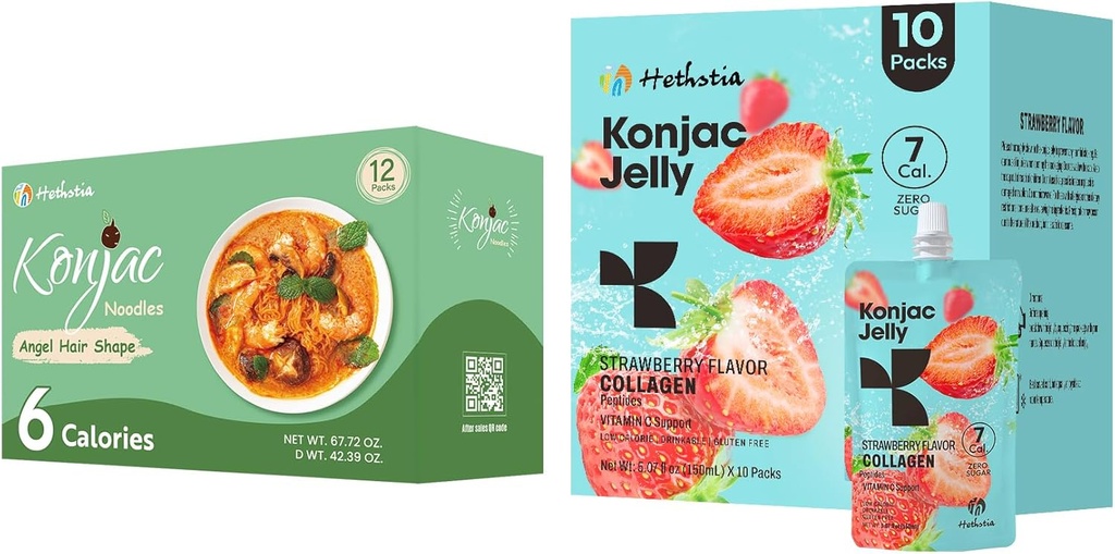 Hethstia Konjac Jelly Strawberry Flavor with Collagen Peptides 10 Packs and Konjac Angel Hair Gluten Free 12 Packs Low Calorie, Keto, Sugar Free, Healthy Food 2