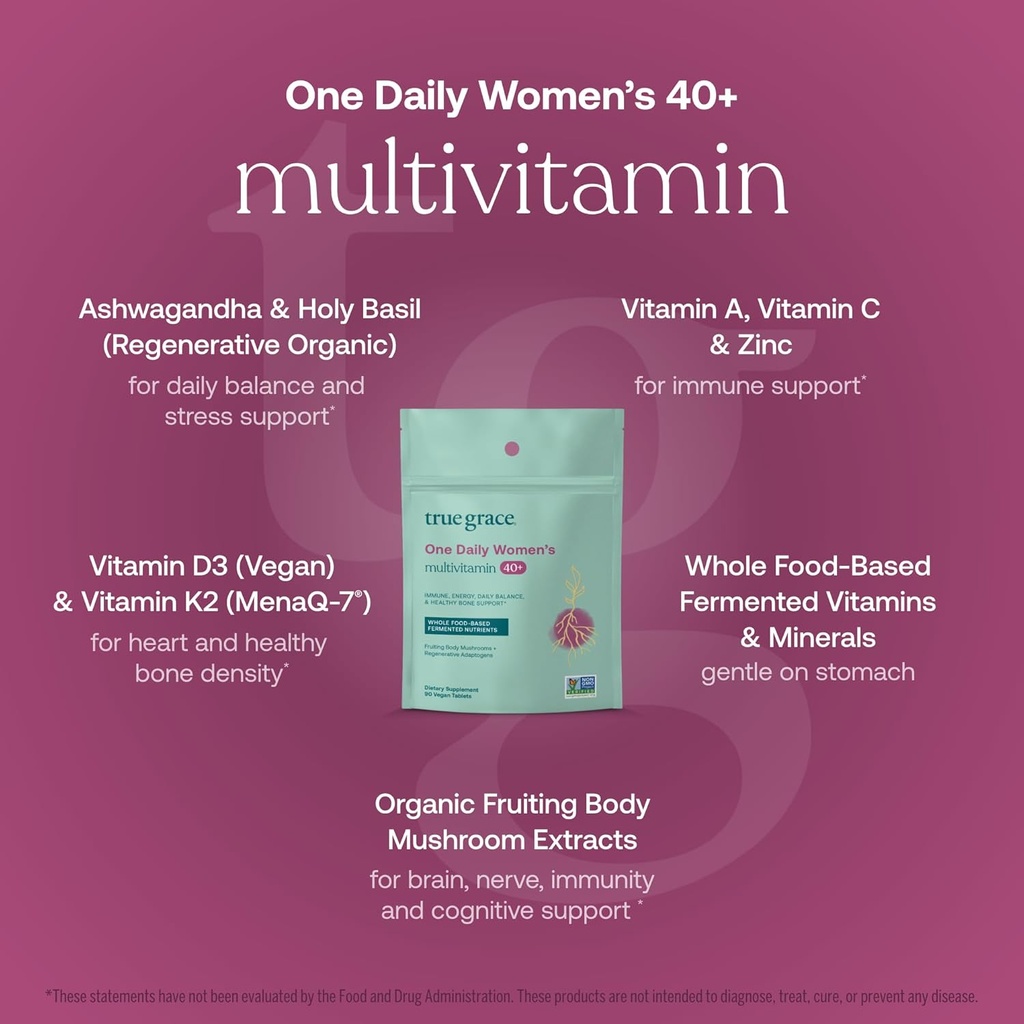 True Grace One Daily Women’s Multivitamin 40+ Fermented Minerals, Organic Adaptogens & Mushrooms Energy, Immune, Bone Support - Non-GMO - Iron, Gluten & Soy Free - 90 Vegan Tablets 4