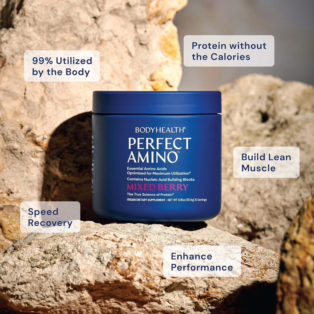 BodyHealth PerfectAmino Powder - BCAA and EAA Powder for Pre and Post Workout - Amino Acid Energy Drink for Men and Women to Support Lean Muscle and Recovery - Mixed Berry - 30 Servings 4