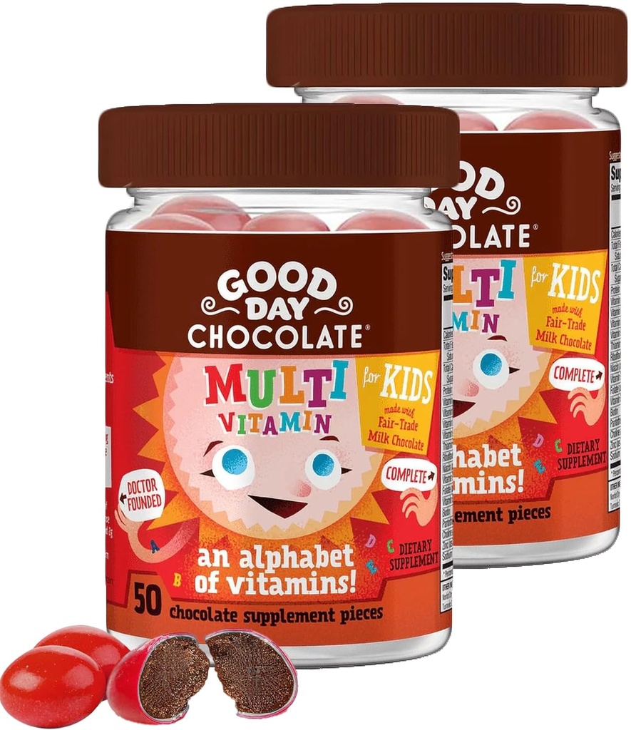 Good Day Chocolate Complete Multivitamin for Kids, Daily Supplement of Vitamins A, B6, B12, C, D, E, Folate and Biotin, Fair Trade and Non-GMO Chocolate, 2 Pack 2