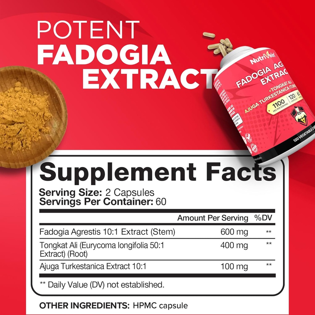 Nutrivein Premium Fadogia Agrestis and Tongkat Ali Supplement with Turkesterone - 1100 mg - 120 Caps - Synergistic Blend for Performance, Strength, & Recovery for Men & Women of All Ages 3