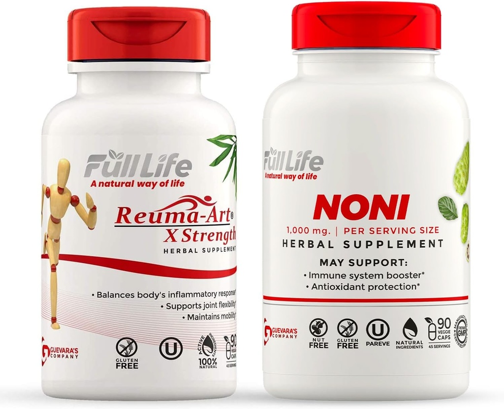 Full Life Reuma-Art X Strength and Noni Capsules - Herbal Supplement - Organic Noni Fruit Extract - Kosher, Gluten-Free - 90 Veggie Capsules Each 2