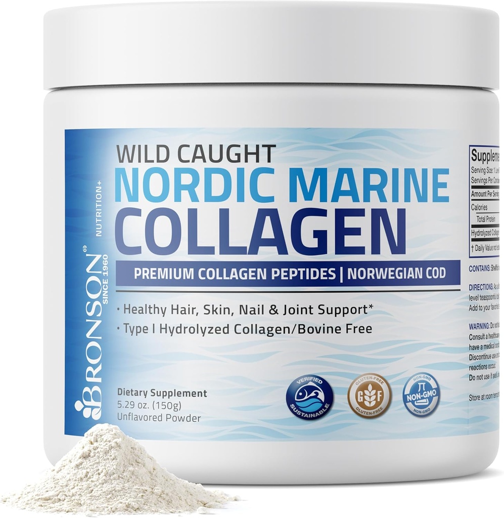 Bronson Marine Collagen Peptides Hydrolyzed Protein Powder 100% Wild Caught Nordic Cod Verified Sustainable Source for Joints Skin Hair Nails & Bones 150g (5.29oz) 2
