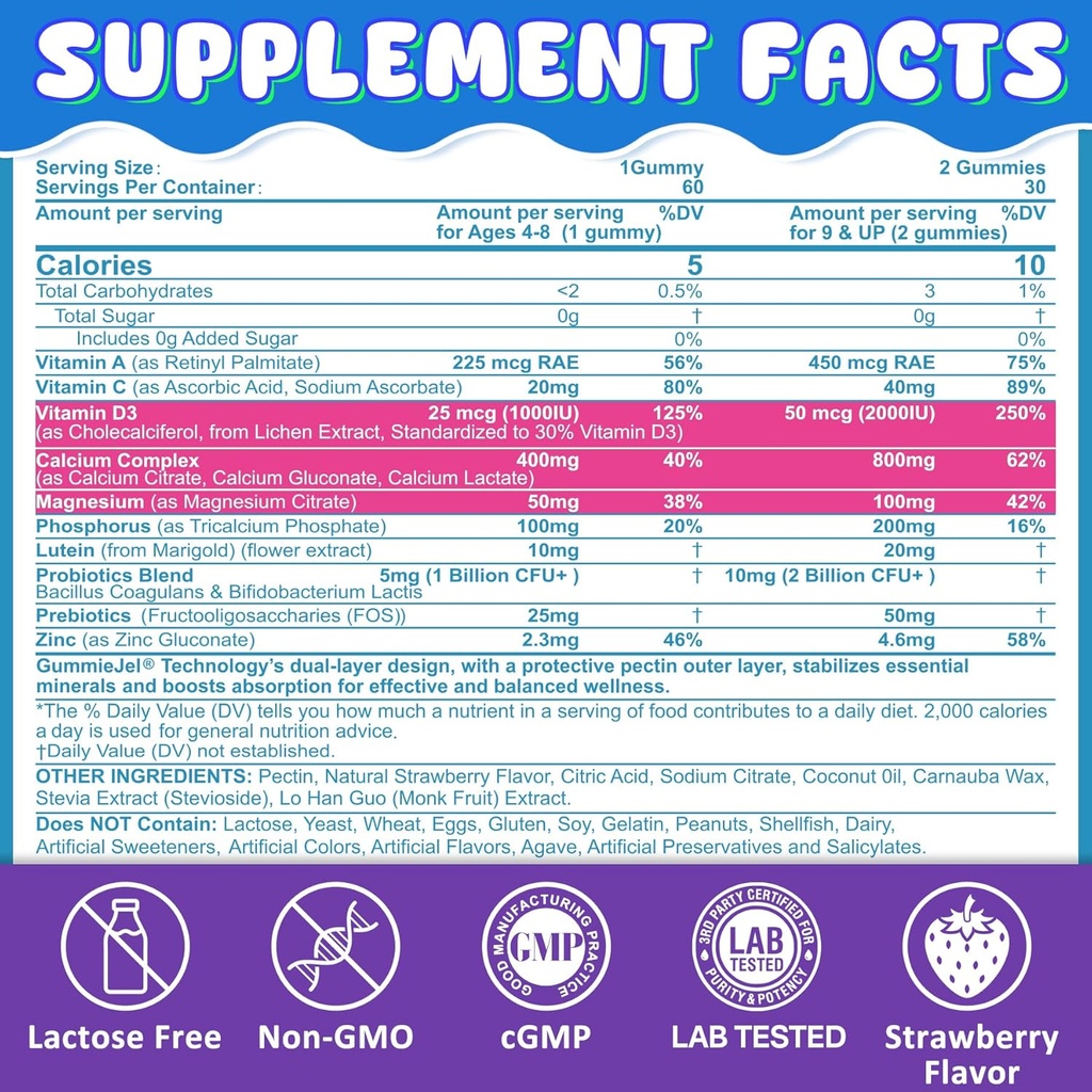 Kids Calcium Gummies + D3 & Magnesium for 4+, with Calcium Citrate Calcium Gluconate, Calcium Lactate, Probiotics & Prebiotics for Children Bone Health,Muscle Support,Digestive Health,Sugar Free 60Cts 3