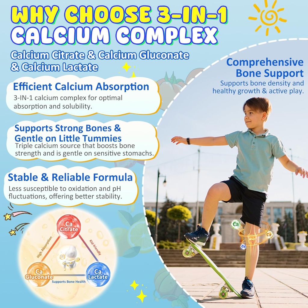 Kids Calcium Gummies + D3 & Magnesium for 4+, with Calcium Citrate Calcium Gluconate, Calcium Lactate, Probiotics & Prebiotics for Children Bone Health,Muscle Support,Digestive Health,Sugar Free 60Cts 4