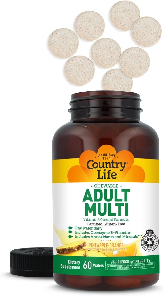 Country Life Adult Chewable Multivitamin with Coenzyme B-Vitamins, Antioxidants, Minerals, Pineapple-Orange Flavor - Supports Energy Metabolism and Immune Health, Gluten Free - 60 Wafers 3