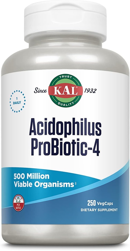 KAL Acidophilus ProBiotic-4, 500 Million CFUs, Four Probiotic Strains, Probiotics for Women and Men, Freeze Dried, L. acidophilus, L. bulgaricus, S. thermophilus, B. bifidum, 250 Servings, 250 VegCaps 2