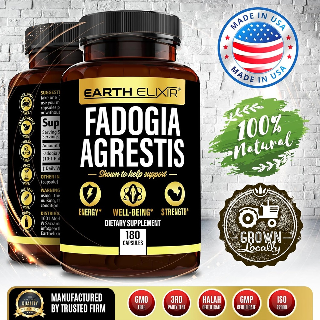 Earth Elixir Fadogia Agrestis Supplement 900mg (180 Capsules) - Made in USA - 3 Month Supply - 3rd Party Tested - Fadogia Agrestis Extract -Max Purity – 100% Pure – Fadogia Agrestis Capsules 4